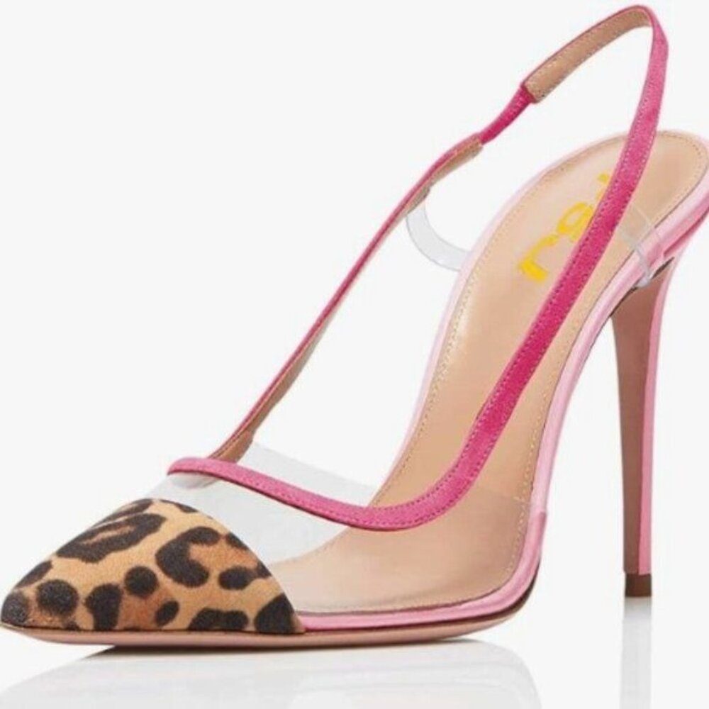 FSJ Women's Stilettos High Heel Clear Pumps Closed Pointed Toe Leopard Print